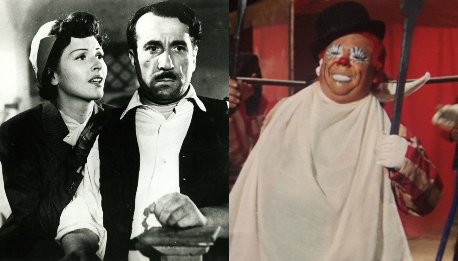 From left to right: Black-and-white still from Variety Lights featuring Lily (Carla Del Poggio) and Checco (Peppino De Filippo). Lily has her hands, which are covered in black gloves, on Checco’s shoulders as he looks straight ahead. Still from I clowns featuring a person wearing a clown mask, a black hat, and a white cloth tied around their neck. They are holding metal rods in each hand.