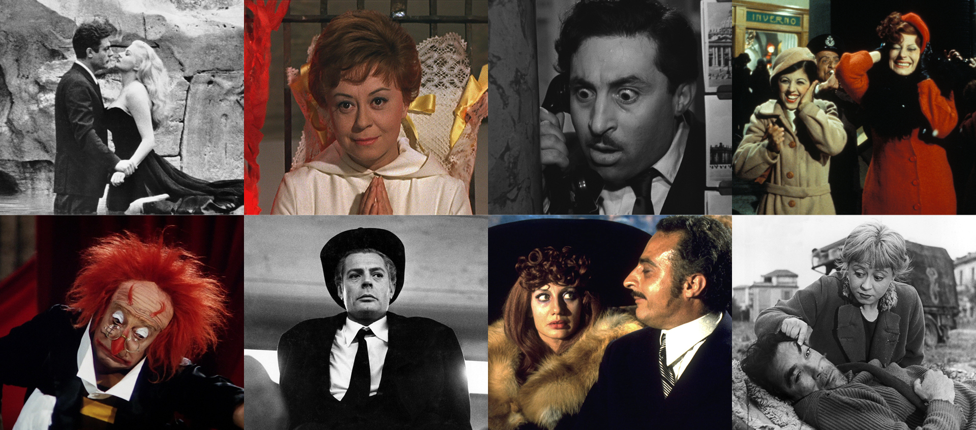 A collage of stills from several films screening in our series Retrospective: Federico Fellini.