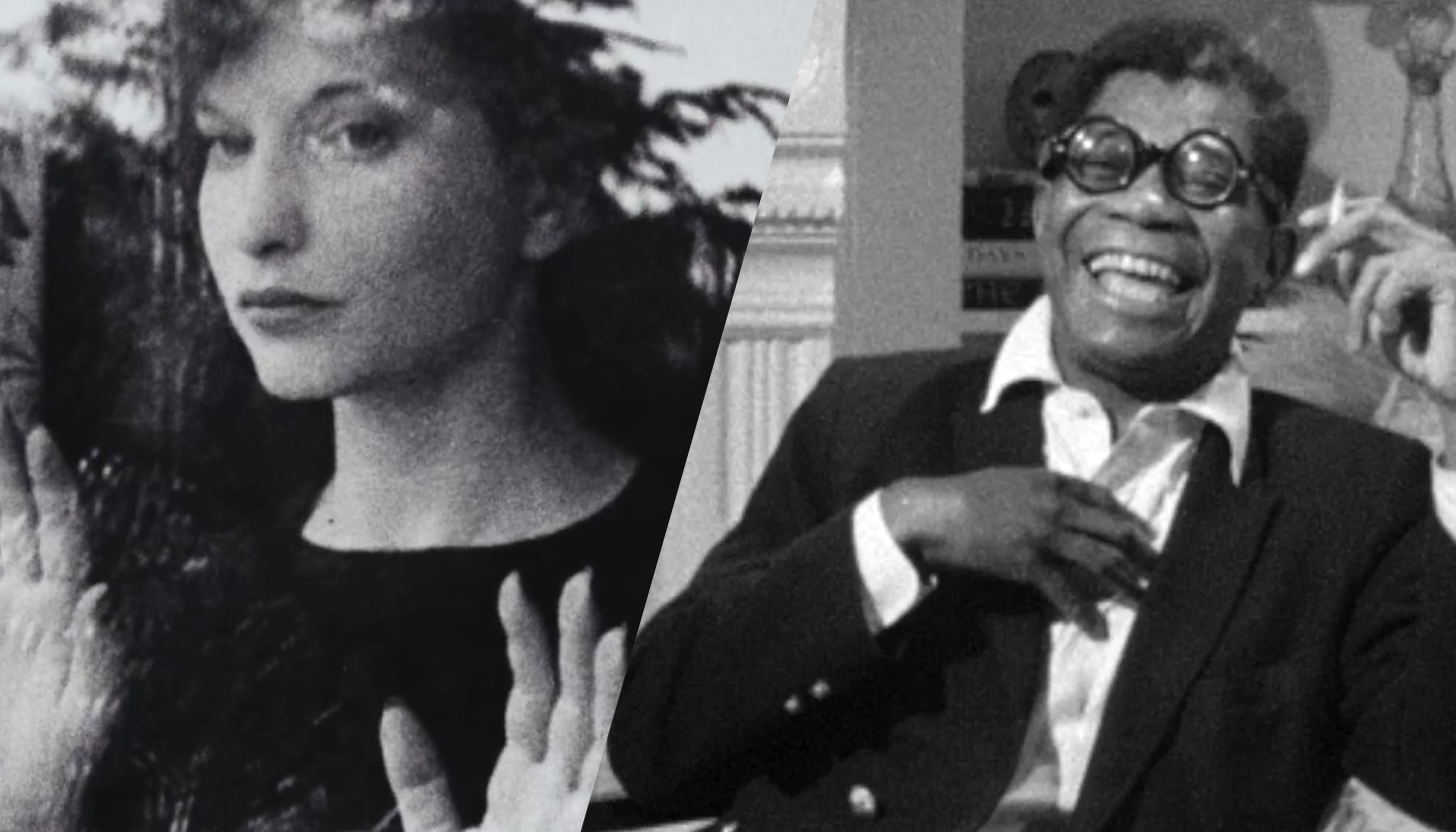 From left to right: black and white image of a white woman in black clothes pressing their hands to a window; a Black man in sunglasses and smoking a cigarette is seated with their mouth open in laughter