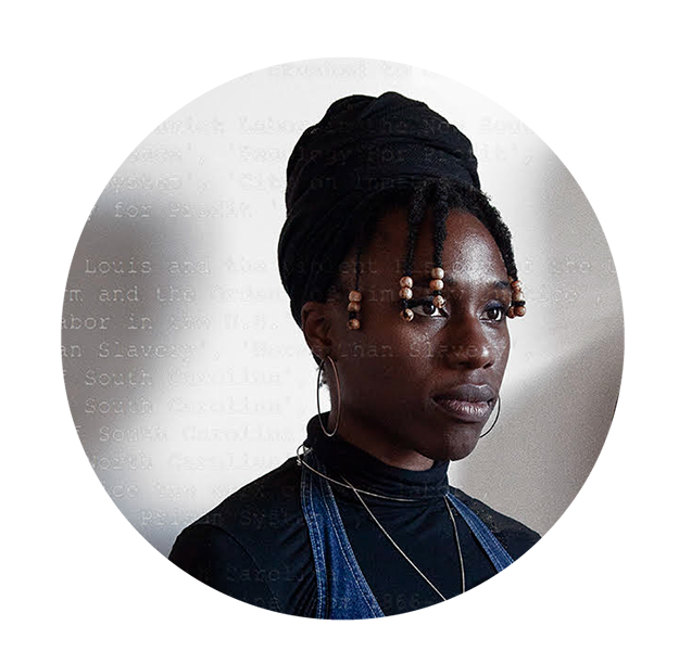 Circular headshot of Mimi Onuoha, who is turned slightly to the side and looking into the distance. Her hair is wrapped in a black scarf on top of her head, and she has short, brown-beaded locs hanging down her forehead. She is wearing a black turtleneck, denim halter top, and hooped earrings. There is text laid over the gray-and-white background. The word “Slavery” appears in faded white text over her face.