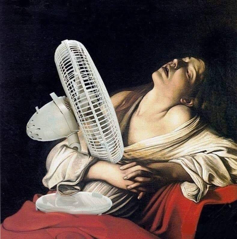 A heatwave-inspired version of a Caravaggio painting with the subject clutching a large electric table fan