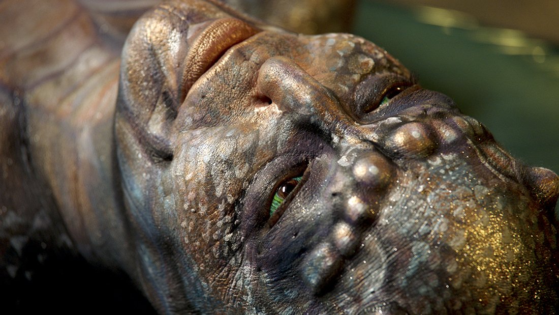 Close-up view of a figure's face. Its eyeballs are green, and its skin is painted with metallic and earth tones, resembling scales of a reptile.