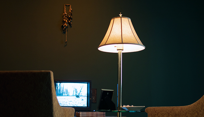 Gallery space featuring a green wall with a golden shell necklace hanging from it and a television underneath. In the foreground are two armchairs with a tall, lit lamp in between them.