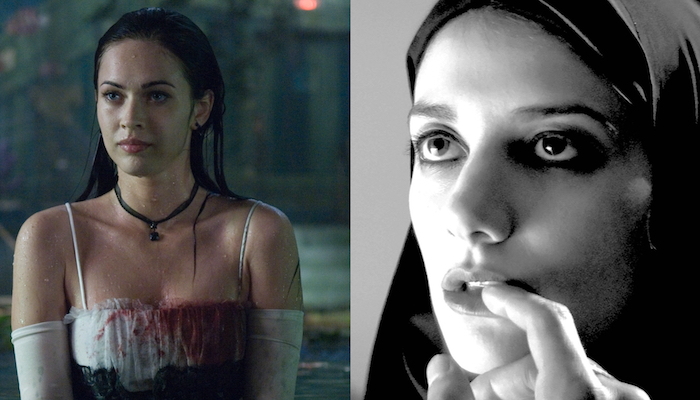 Side-by-side images. On the left, from Jennifer’s Body, Jennifer in a pool of water, soaking wet. She is wearing a white dress with arm-length gloves. The dress is stained with blood. She is looking to her right. On the right, from A Girl Walks Home Alone at Night, the Girl looking into the distance and wearing a dark chador. An unknown person’s finger is touching the Girl’s bottom lip.