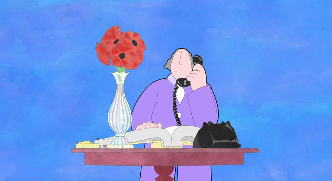 An animated person, who has short gray hair and pale skin, holding a telephone to their ear and resting their other hand on an open book in front of them. 