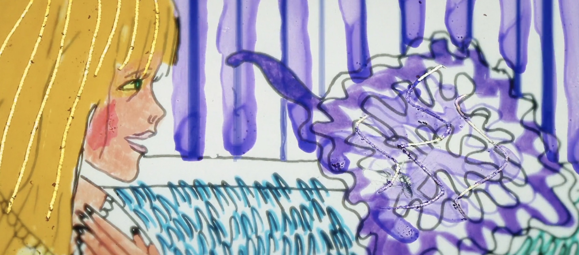 A still from an animated film. An image of a woman with blond hair in profile. She's blushing and holds her hand to her neck. She is looking at an abstract image of a purple series of lines and squiggles.