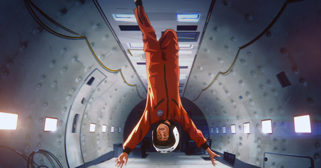 Still from the animated film Apollo 10 1/2. A full body image of a young white boy inside the white, tunnel-like interior of a rocketship. He's wearing an orange jumpsuit and white safety helmet. He is floating upside down in the center of the frame, his arms extended toward the floor.