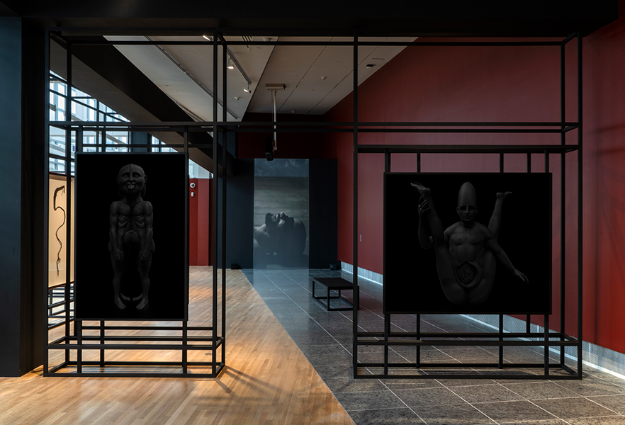 Gallery with black scaffolding structure on which hang two dark photos. Between them, in the distance, there is a projection on the wall.