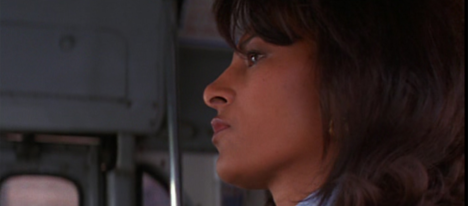 Pam Grier in profile, in close-up. Her dark hair is over her shoulders.