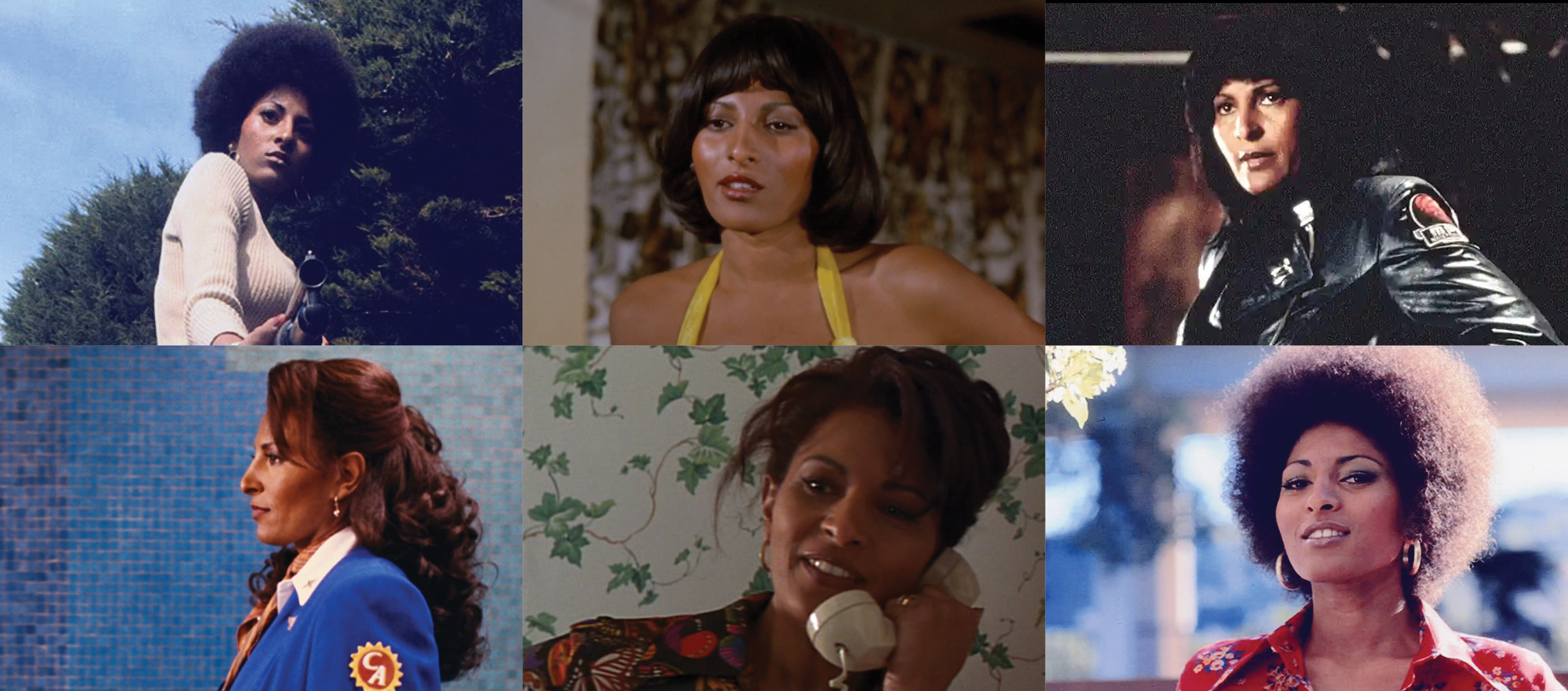 A collage of six images from Pam Grier films