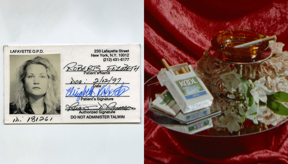 A pair of images: on the left an identification card with a headshot of a woman with blond hair. On the right an image of an open pack of cigarettes next to an ashtray and some flowers.