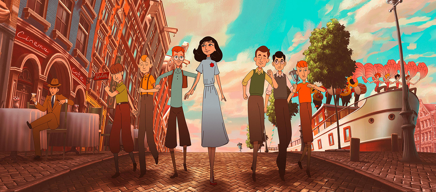 Animated still featuring a group of young people walking along a street. There are buildings to the left and a boat with performers on it to the right. 