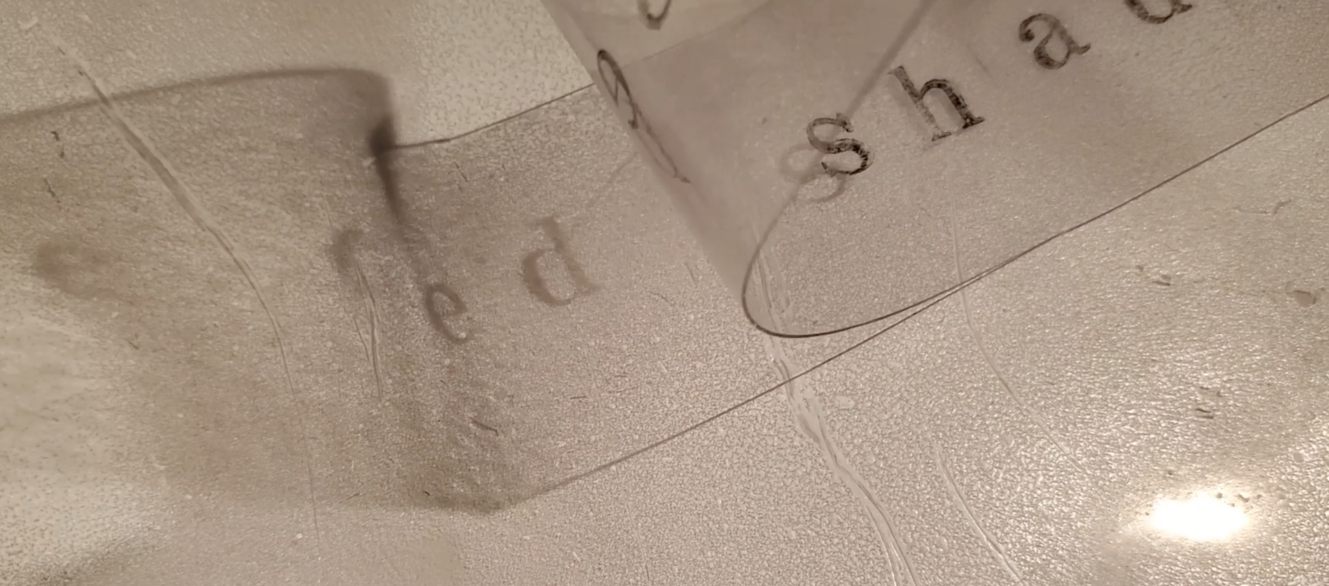 The typed letters “e" and "sha" are on a thin piece of transparent vinyl that is partially folded against a grainy, scratched background of brown shades. The piece of vinyl is folded and raised, so the "e" is readable as a shadow. 