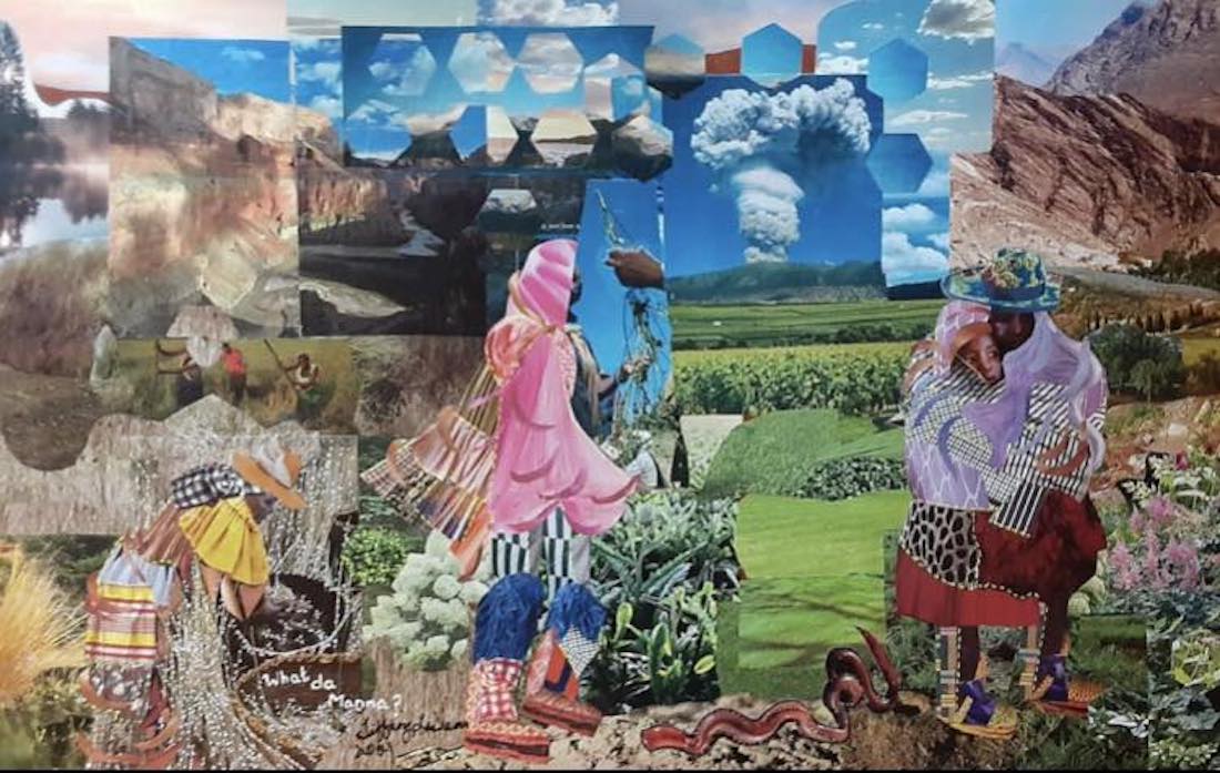 A collage by Tiffany Lawson. The colorful work presents photographic overlays of clouds, skies, and landscapes with three human figures filling the center and center-right