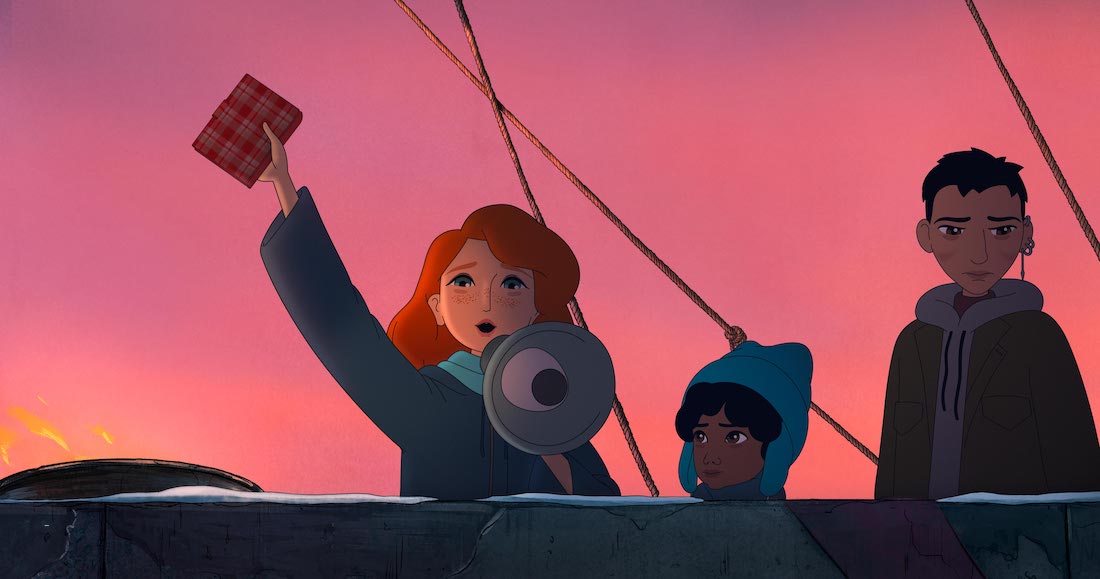 Scene from the animated film Where is Anne Frank. A young red-haired girl stands on what appears to be a ship's deck. There is rigging hanging behind her and the sky is the colors of sunset. She holds a book high over her head with one hand and holds a megaphone with the other. A younger Black girl wearing a blue snow cap and a teenage boy wearing earrings on one ear and a hoodie under a winter jacket stand next to her. 