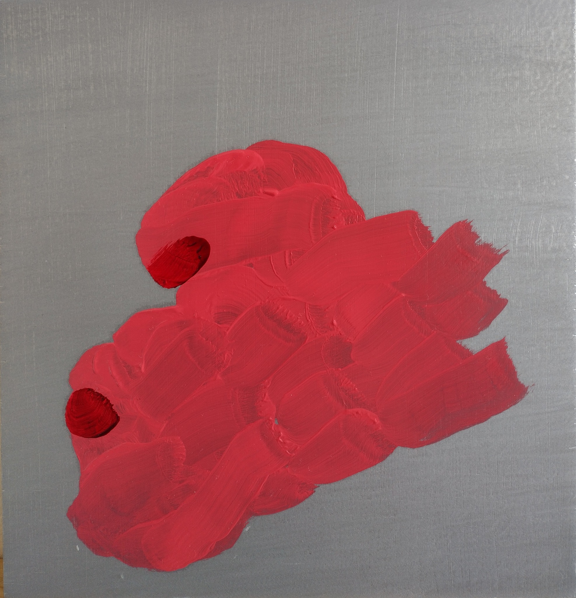 An abstract painting with a pink, blobby form marked by two points of darker pink on its left side. It rests on a field of solid, industrial gray.