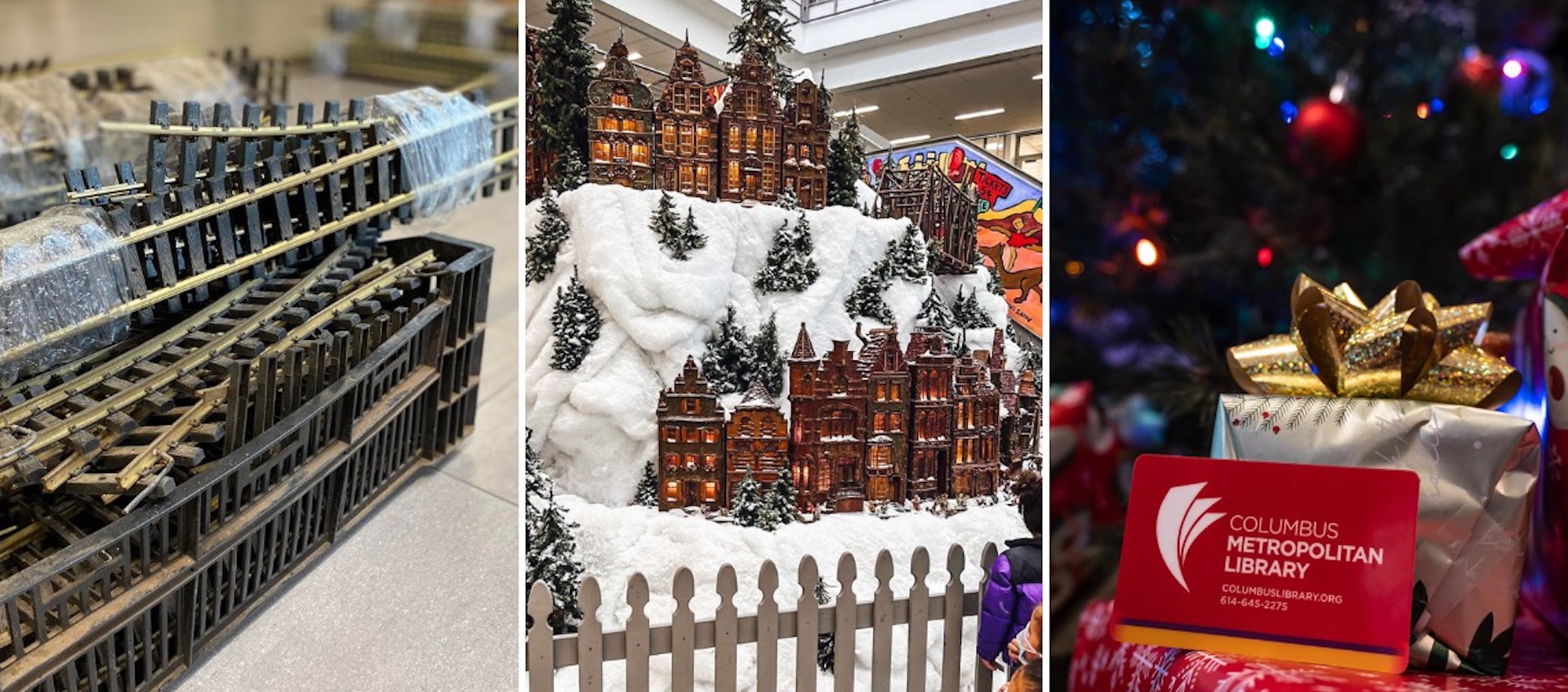 A triptych of photographs illustrating what you can see and do at the Columbus Metropolitan Library's Holiday Open House event