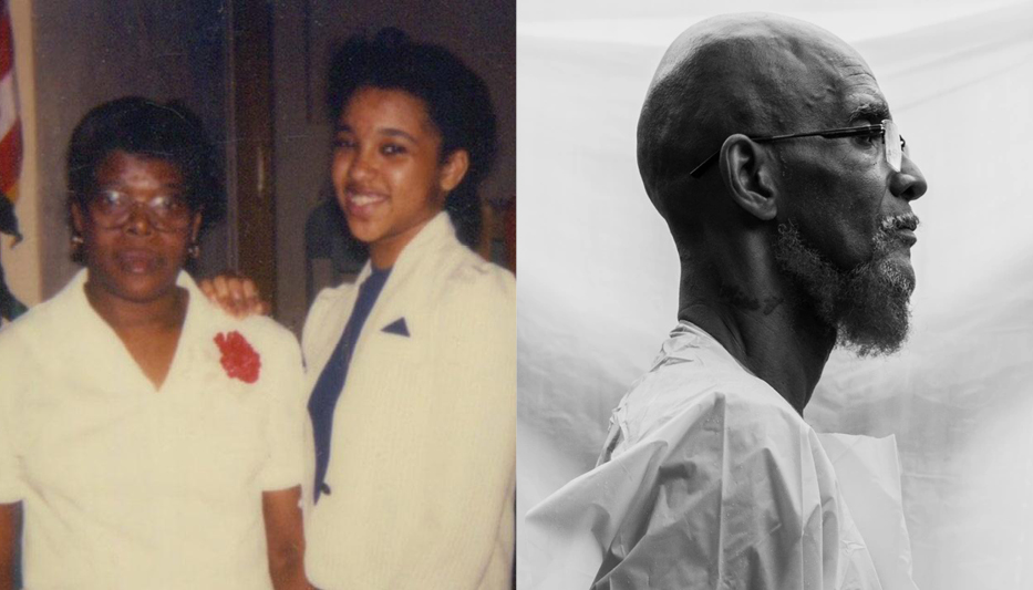 On the left is a photograph of two Black feminine-presenting people. On the right is a black-and-white image of a Black man in profile against a white sheet.