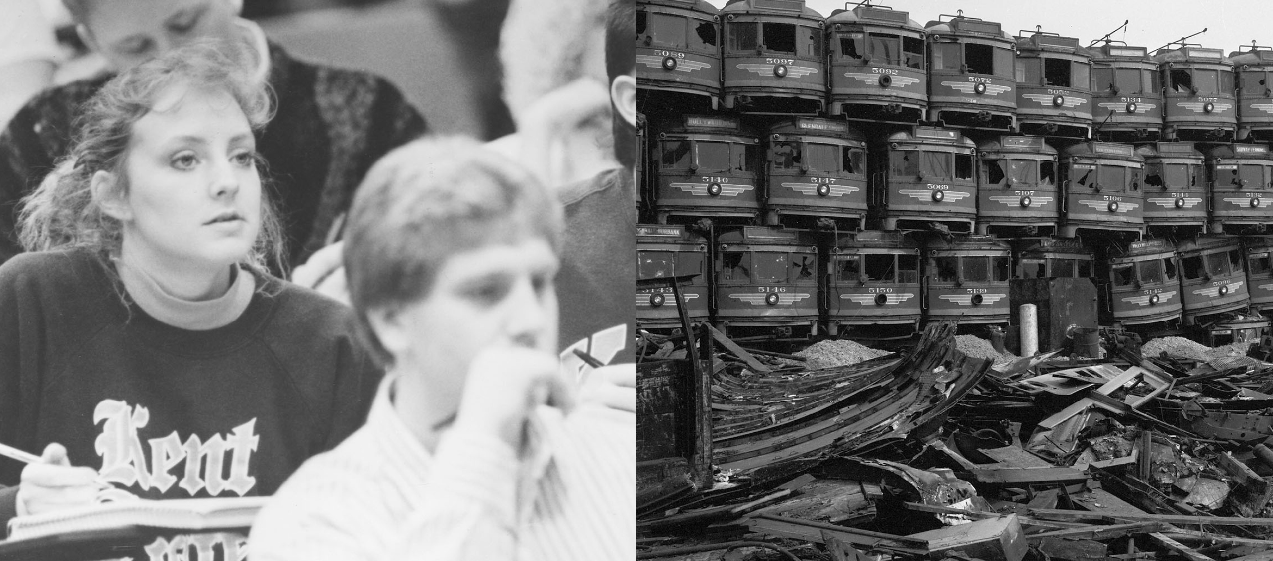 On the left is a black-and-white photo of a student taking notes in class. On the right is a black-and-white photo of street cars stacked on each other.