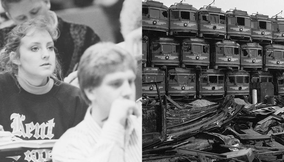 On the left is a black-and-white photo of a student taking notes in class. On the right is a black-and-white photo of street cars stacked on each other.
