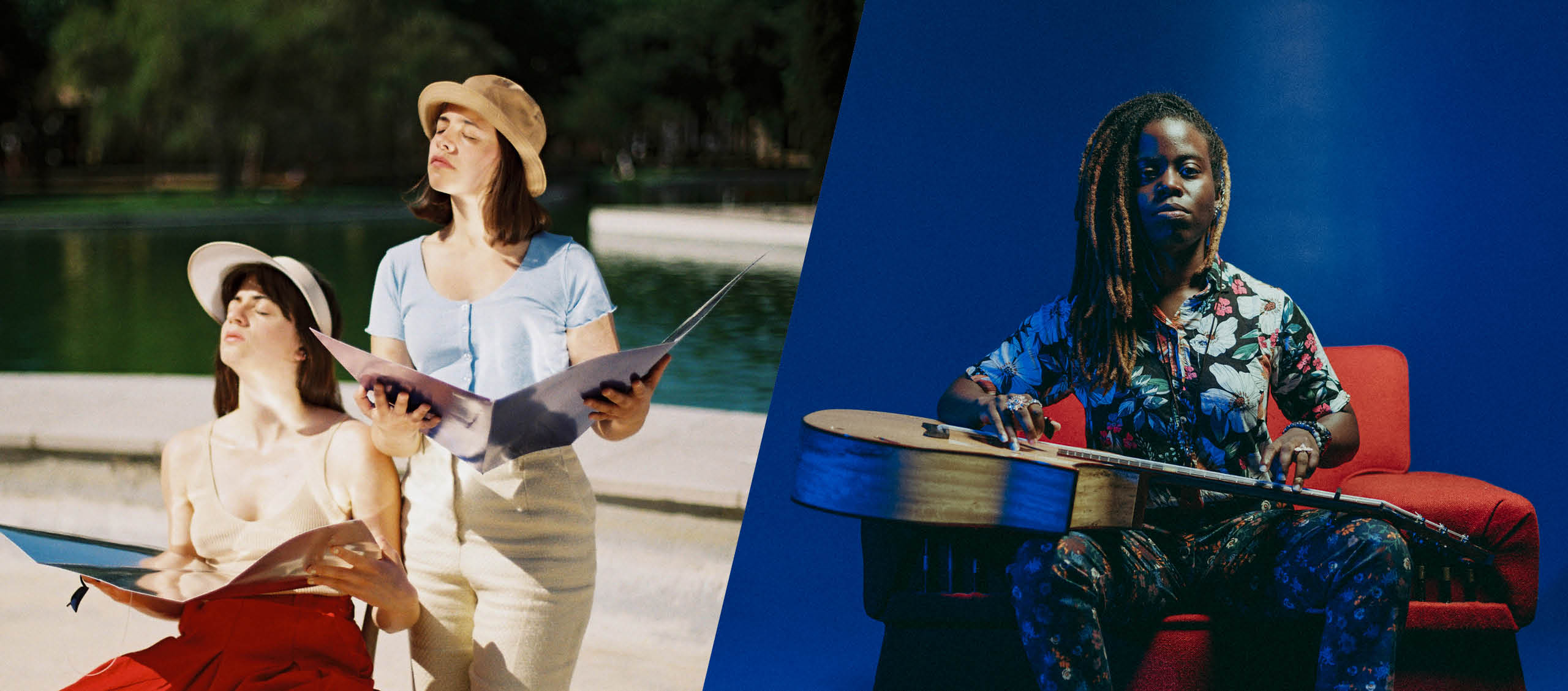 On the left, two women tan themselves with foil reflectors outside on a sunny day. On the right, a musician sits with an acoustic guitar on her lap.