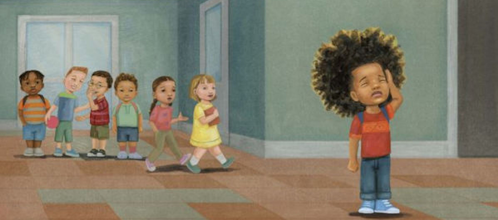 Children's book illustration of a school hallway. A group of white children talk among themselves in the left background. In the right foreground, a Black boy with an Afro puts his palm to his head in frustration.