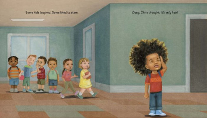 Children's book illustration of a school hallway. A group of white children talk among themselves in the left background. In the right foreground, a Black boy with an Afro puts his palm to his head in frustration. At the top of the image, text reads: "Some kids laughed, some liked to stare. Dang, Chris thought, it's only hair!"