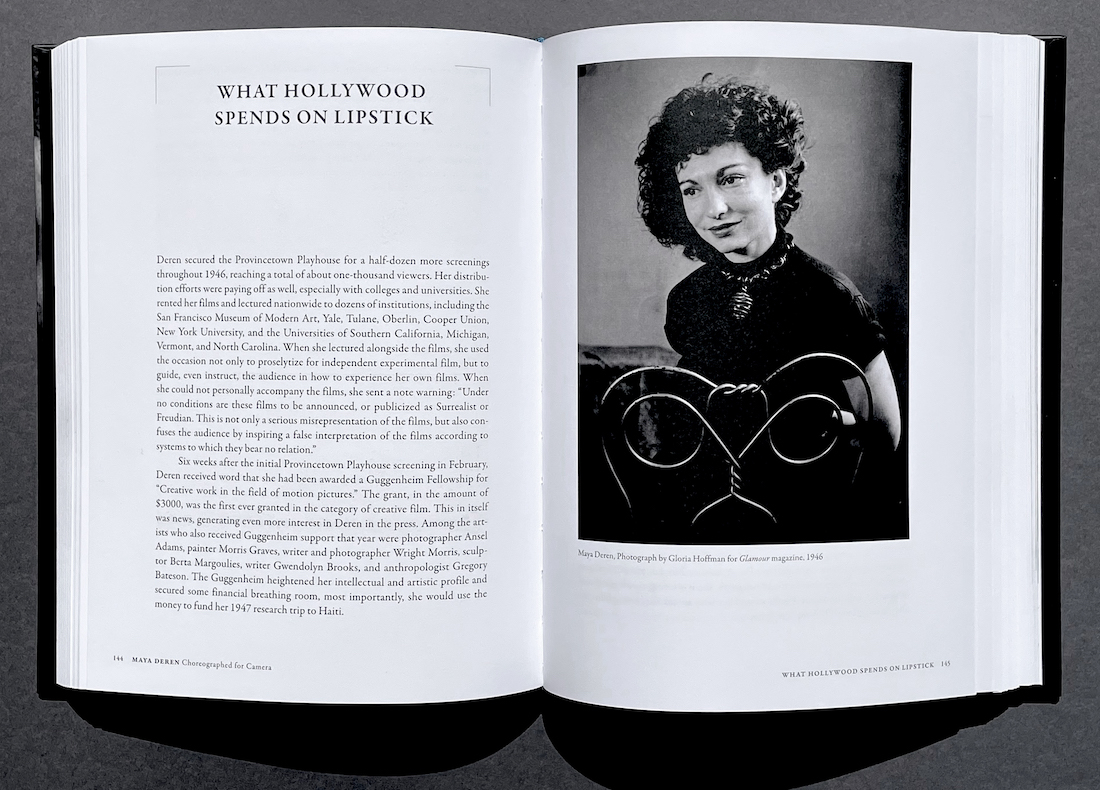 A copy of the book Maya Deren, Choreographed for Camera lays open, revealing a two-page spread with an image of Deren on the left page and text on the right page, with the chapter title "WHAT HOLLYWOOD SPENDS ON LIPSTICK"