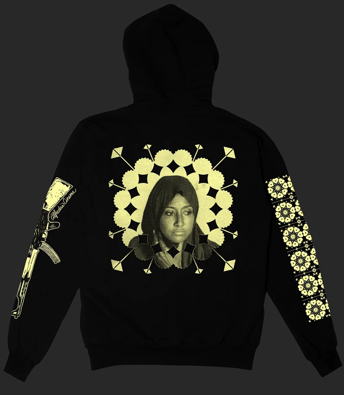 Back view of black hooded sweatshirt with graphics in bright yellow ink: a decorative floral design on the back and down one sleeve and a graphic of a rifle down the other sleeve. The back design has a Black woman in a head scarf at the center.