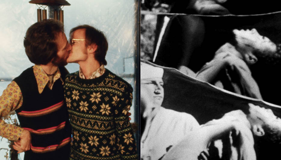 Film still featuring two white men kissing (left). A black-and-white fragmented photo in three pieces, featuring a man holding another man who is leaning backward (right).