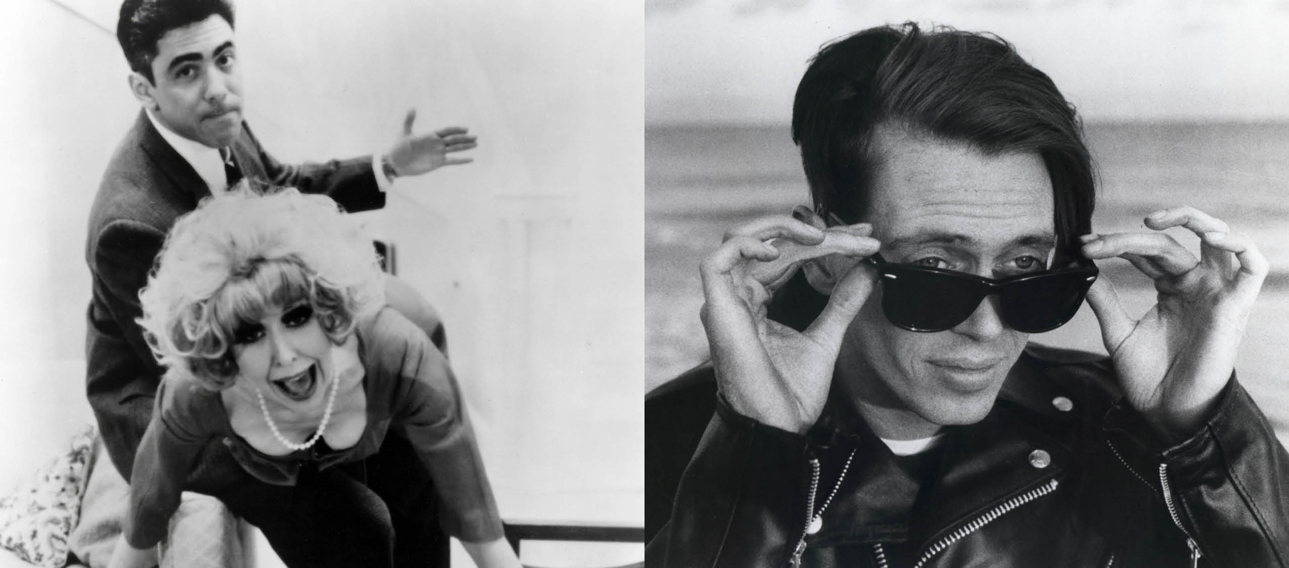 Two black-and-white film stills. On the left, a man holds a woman over his knee to spank her. On the right, a man (Steve Buscemi) wearing a leather jacket peaks over his black sunglasses.