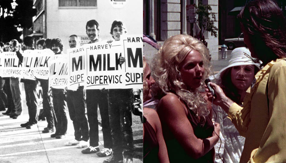 A black-and white film still of a line of men holding signs that read “Harvey Milk Supervisor” (left). A film still of two white people, wearing blonde wigs, being interviewed on the street (right).