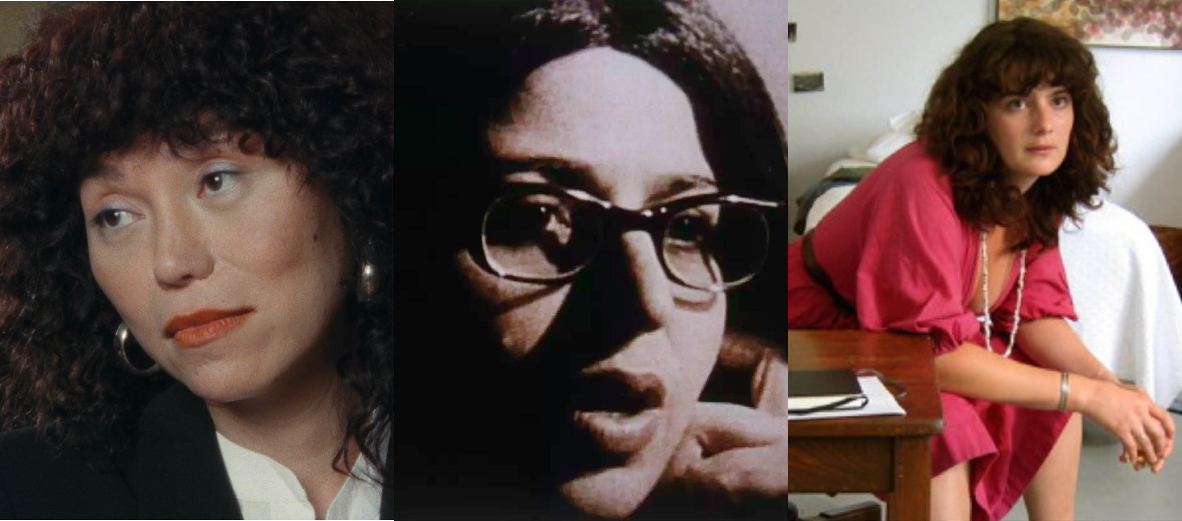 Three images from the film program: Close up of a woman with dark curly hair wearing a dark jacket and white shirt, the second image is Close up of a woman with glasses and dark hair talking on the telephone, and the third image is Image of a woman with brown curly hair sitting on a chair in the middle of a room. She is bent over with her elbows on her knees. She is wearing a pink dress. A bed and dresser are in the background, there are pictures hanging on the walls. To her right is a checkered armchair