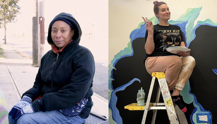 Side by side images of women artists at work. On the left, the woman is captured from the left side. She sits outdoors and looks at the camera, with a partially painted canvas in front of her. On the right, the woman sits on a stepladder in front of a mostly completed wall mural. She smiles and flashes the peace sign at the camera.