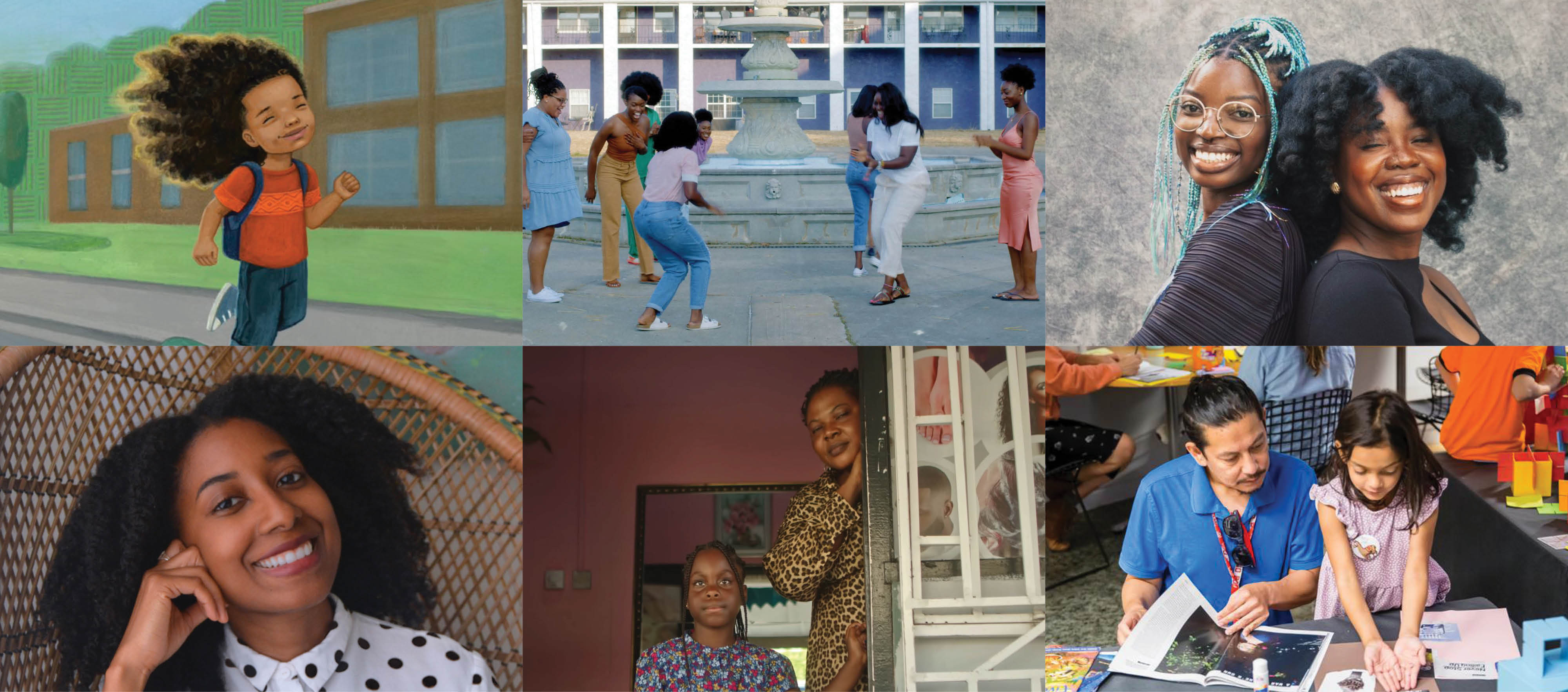Collage featuring an illustration from A Boy and His Mirror, illustrator Keturah Bobo, stills from the film Ampe, Ife Oluwamuyide and Claudia Owusu, and a child showing artwork to an adult.