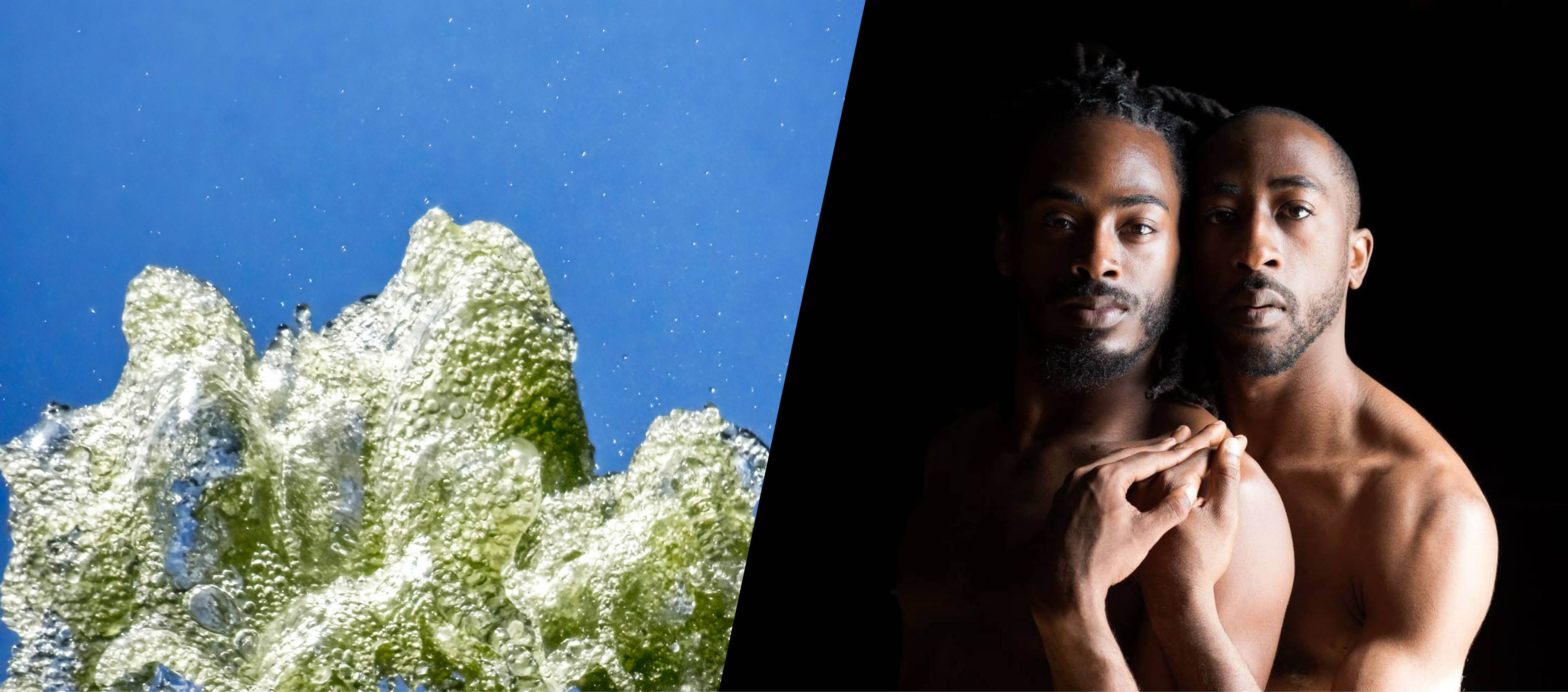 Collaged image featuring a photograph of a splash of greenish water against a blue background and a black-and-white photograph of Brother(hood) Dance! members Orlando Zane Hunter Jr. (left) and Ricarrdo Valentine (right).