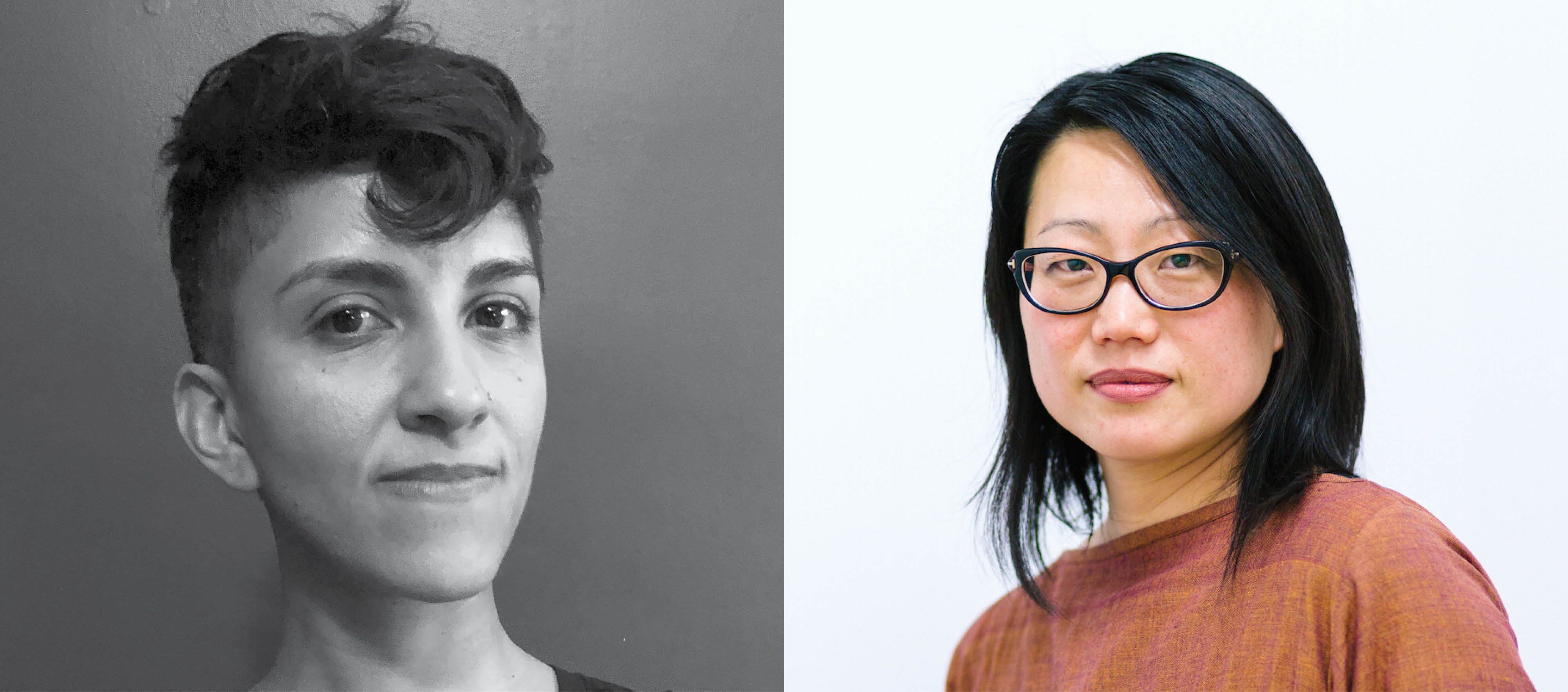 Collage of two headshots of the speakers of this talk. On the left is a black-and-white photograph of Sa’dia Rehman. On the right is a photograph of Jean Shin against a white background.