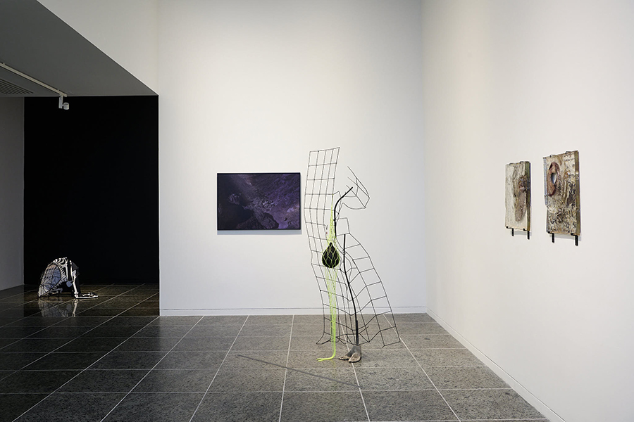 A gallery space with two mixed-media sculptures placed on floor. Two works are hung on the right, and a dark abstract photograph hangs on the center wall.