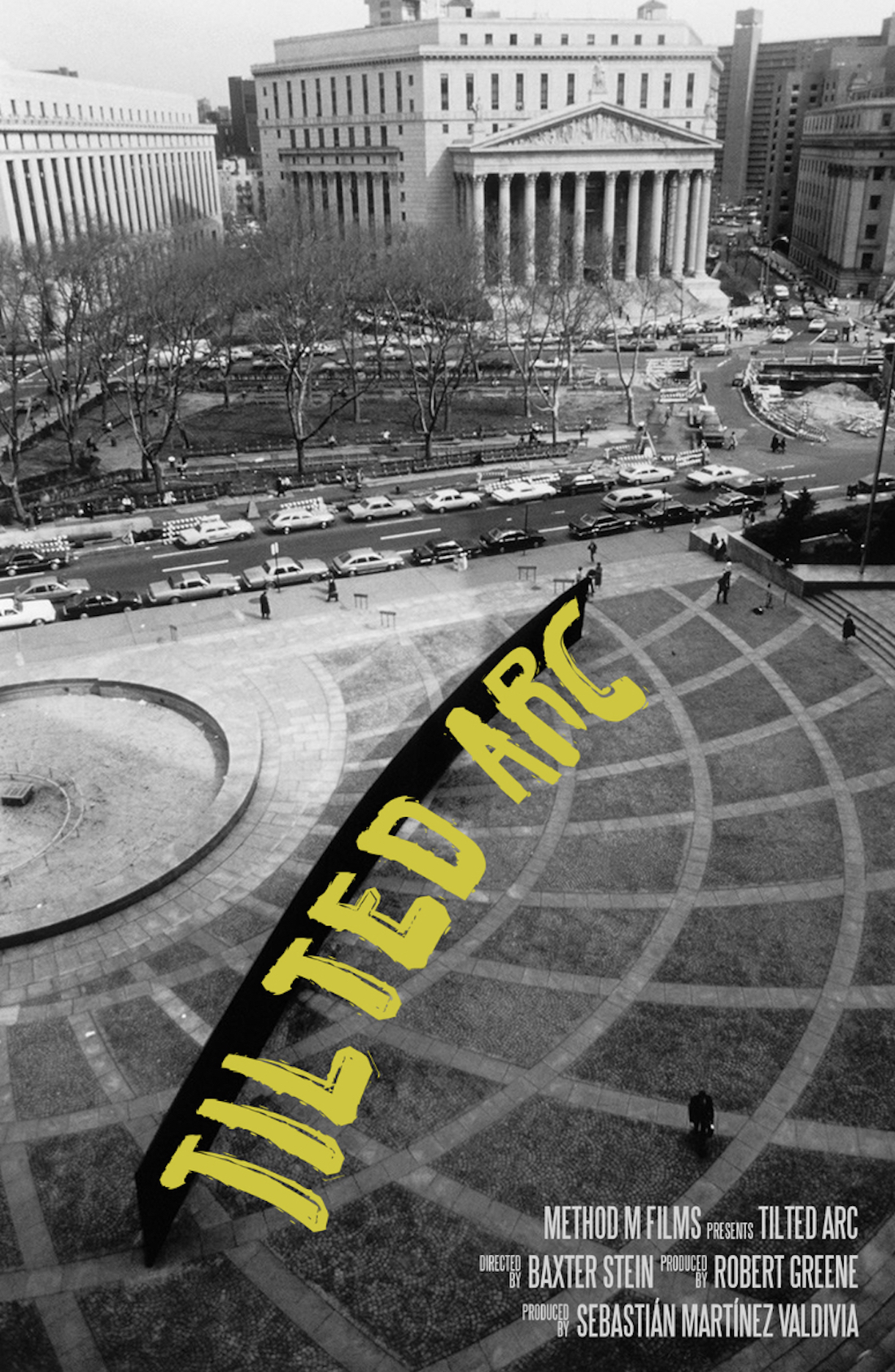 A blank and white, overhead view of a city plaza with a large, dark metal sculpture forming an arc across the middle of it. Yellow text laid out in a similar shape next to the sculpture reads “Tilted Arc.”