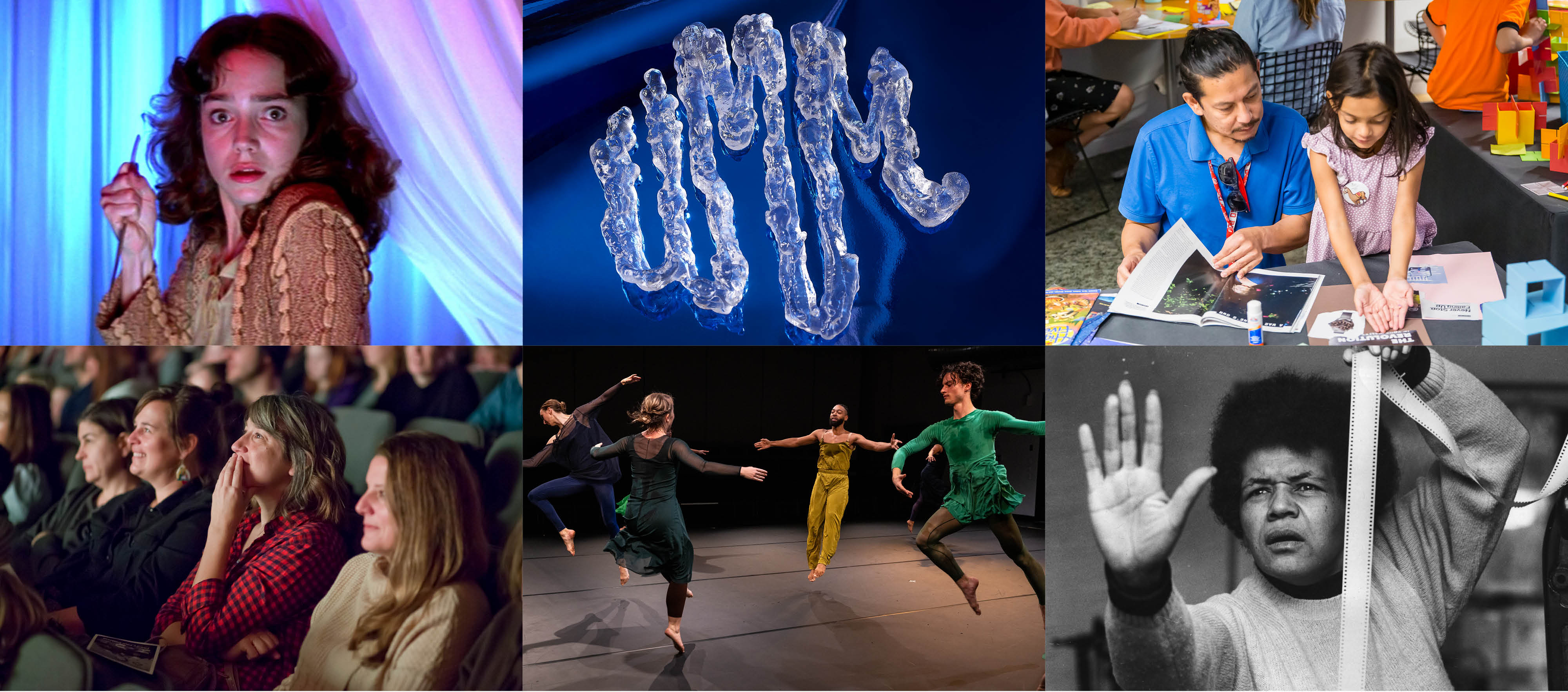 A collage of six images reflecting a range of events coming to the Wexner Center for the Arts in 2023 and 2024