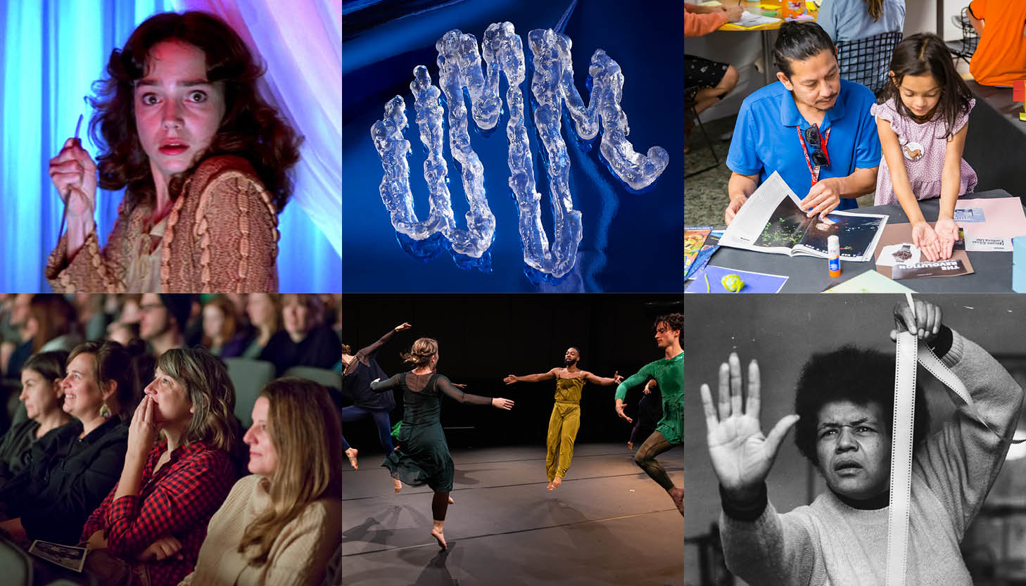 A collage of six images reflecting a range of events coming to the Wexner Center for the Arts in 2023 and 2024