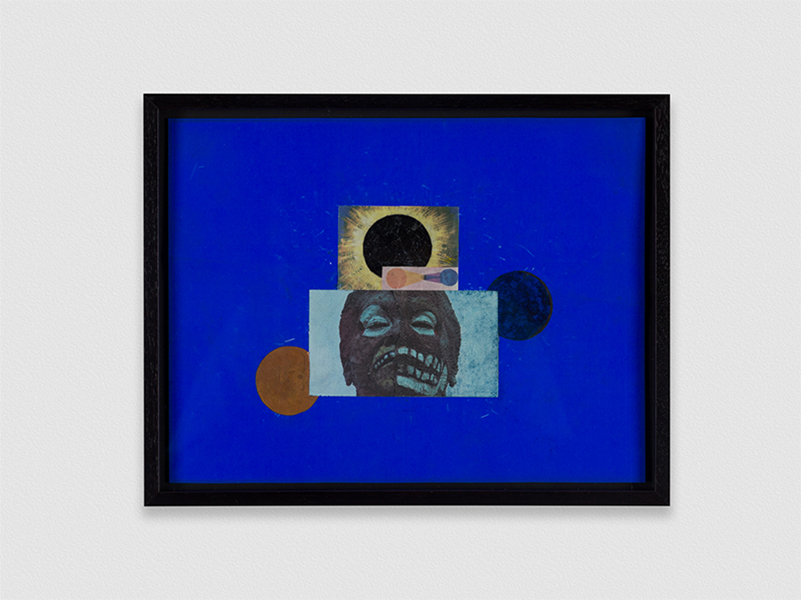 A collage is set against a deep blue background. Two planetary motifs and an eclipse orbit around a rectangular image of a pre-Columbian deity.