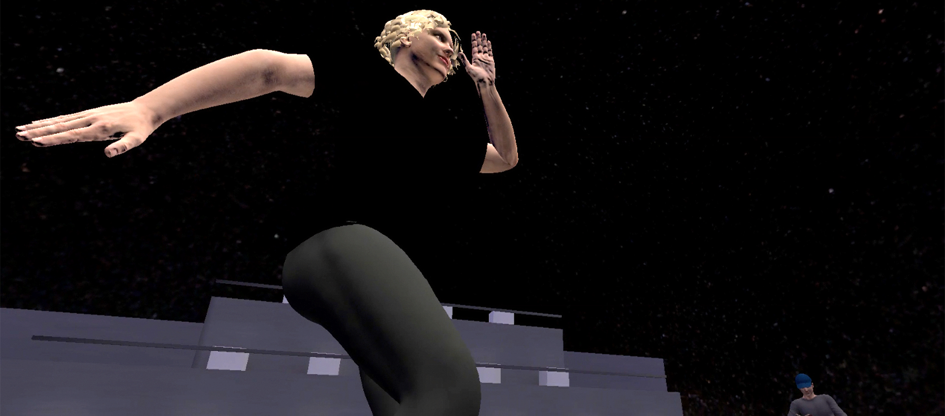 Low-angle view of a blonde, dancing avatar wearing a black outfit on a virtual stage. An avatar of a man sitting and reading a book is in the background.