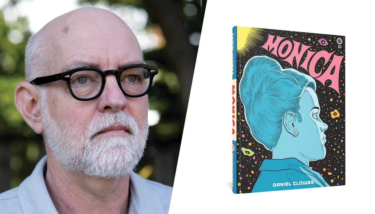 Portrait of a bearded man with glasses. Next to him is the cover of a book titled Monica. On the cover is a drawing of a profile of a woman with a blue tint.