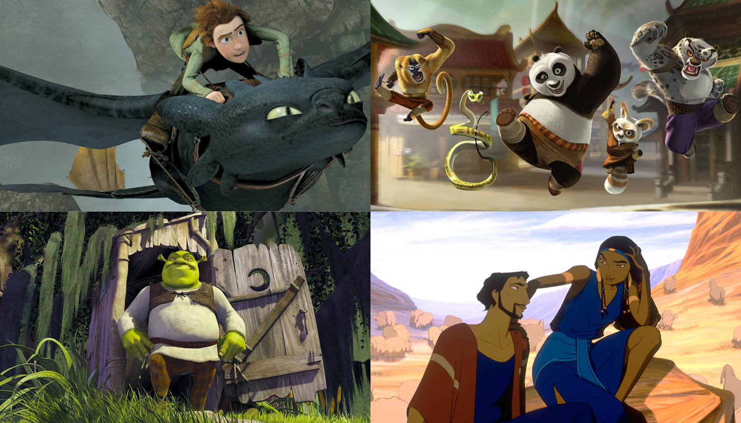 A collage of four stills from the films How to Train Your Dragon, Kung Fu Panda, Shrek, and The Prince of Egypt.