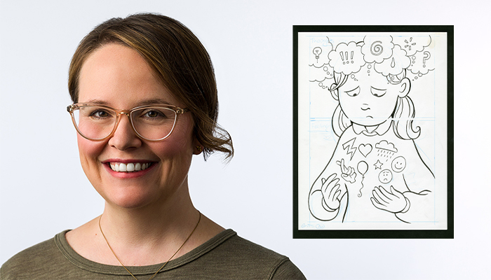 Portrait of a smiling woman with glasses. Next to her is a drawing of a girl looking down; thought balloons above her head contain various symbols.