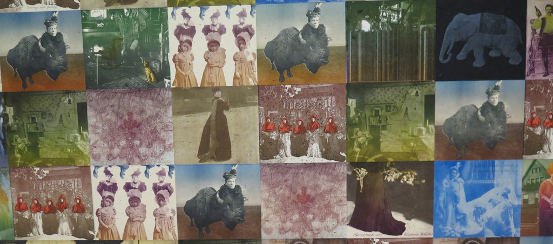 Rows of square, collaged artworks featuring antique photos and objects.