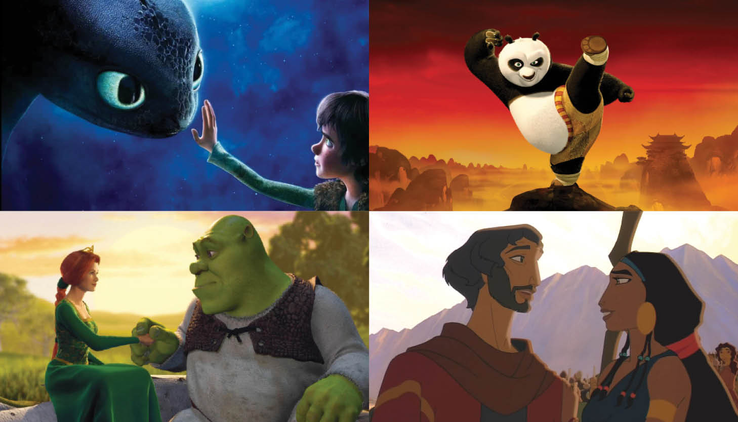 A collage of four animated stills from the DreamWorks films featured in our CXC series.