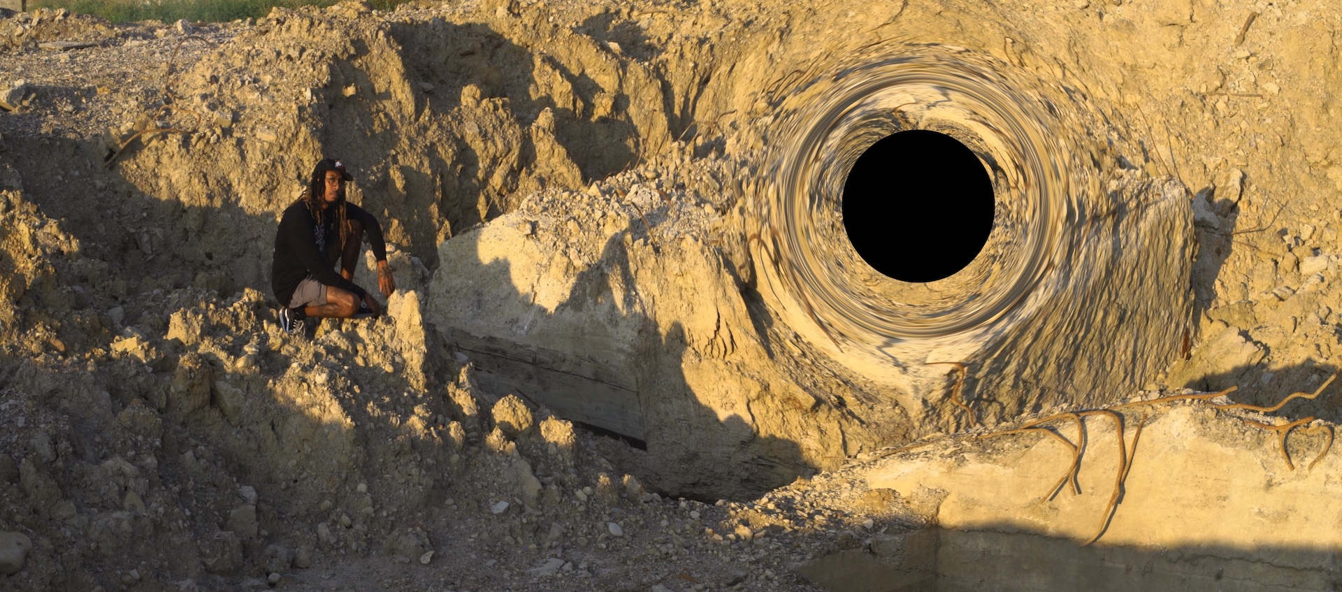 A man in a rocky terrain kneels down beside a black hole in the landscape.