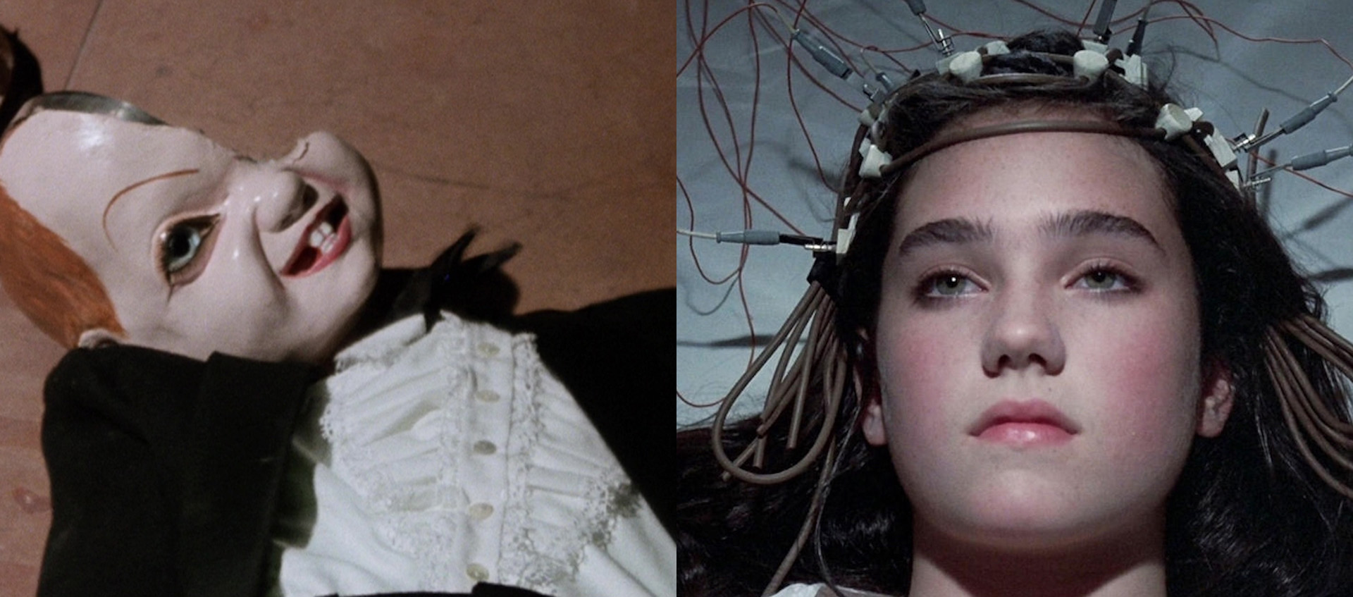 Side by side film stills of a doll with a broken head and a teenage girl lying down with electrodes attached to her head.